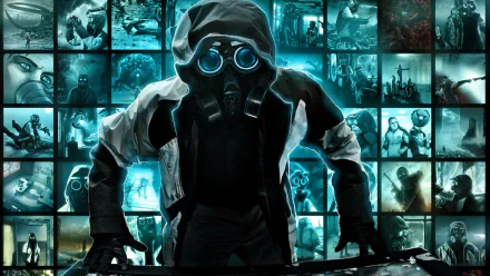 HD PC desktop wallpaper featuring a masked figure with glowing goggles amid a collage of dark, comic-style scenes from Romantically Apocalyptic.