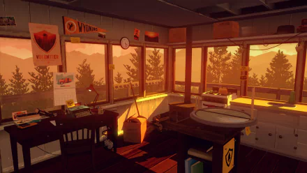 A cozy watchtower interior from the video game Firewatch, featuring warm sunset tones, a desk with supplies, and large windows overlooking a forest landscape.