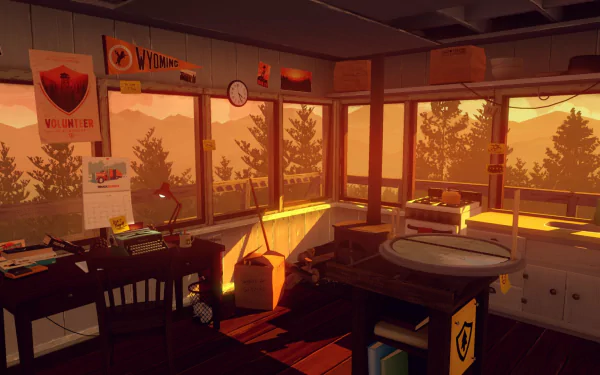 A cozy watchtower interior from the video game Firewatch, featuring warm sunset tones, a desk with supplies, and large windows overlooking a forest landscape.