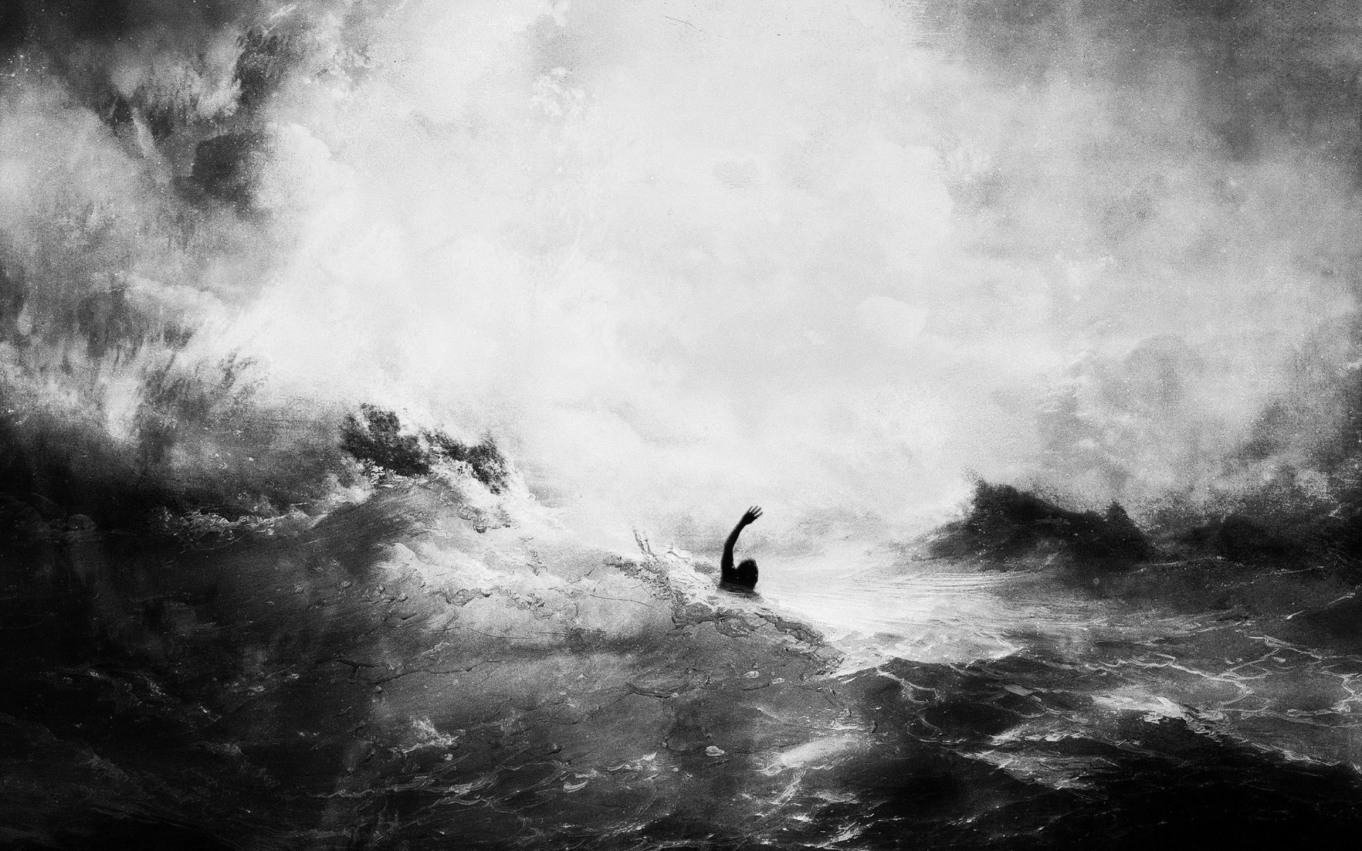 Black and white artistic HD desktop wallpaper depicting a lone swimmer engulfed by dramatic, swirling ocean waves.