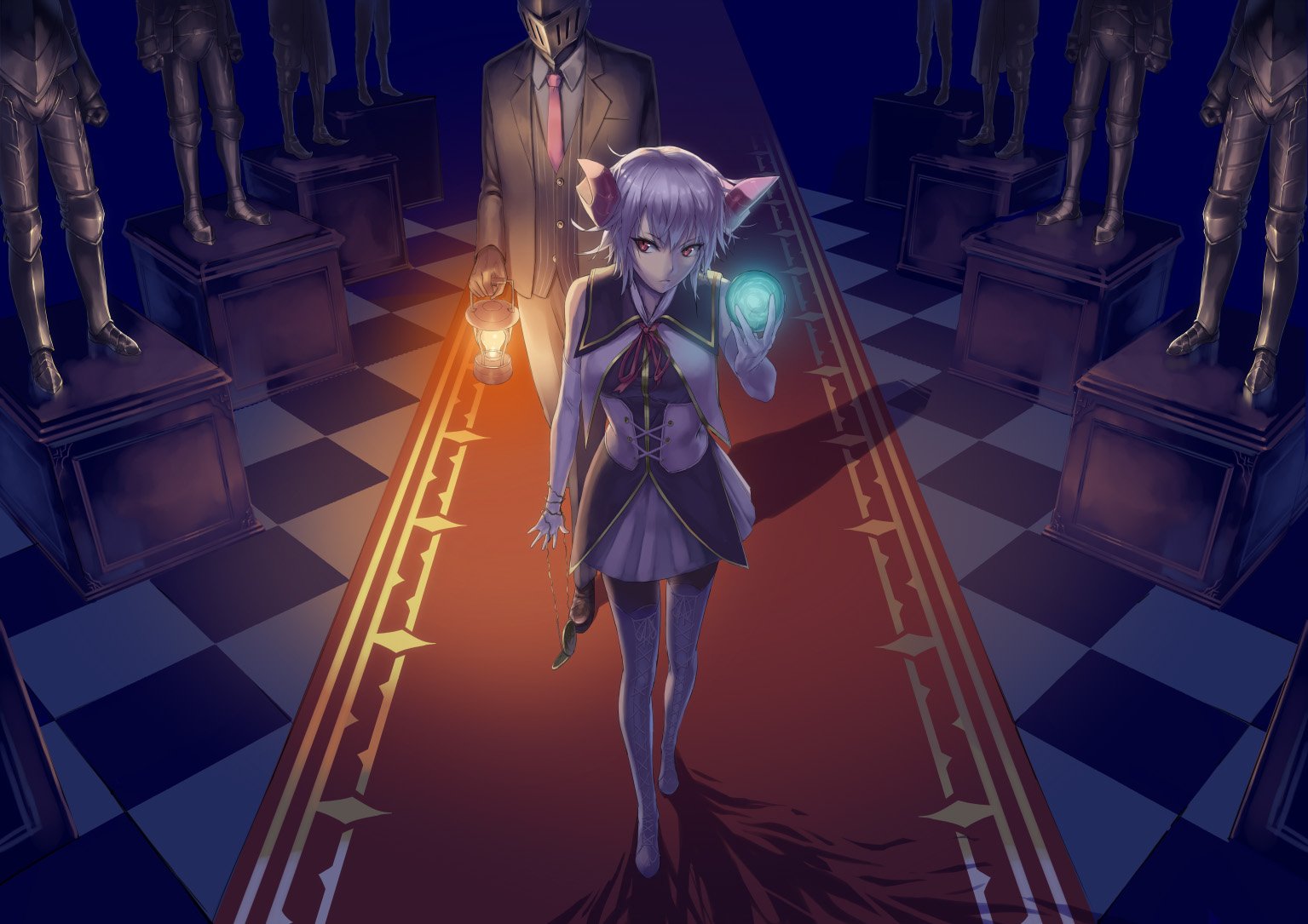 Anime-style original HD desktop wallpaper depicting a purple-haired character holding a glowing blue orb, walking down a red carpeted hallway flanked by golden statues.