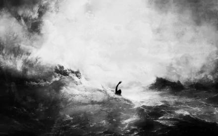 Black and white artistic HD desktop wallpaper depicting a lone swimmer engulfed by dramatic, swirling ocean waves.