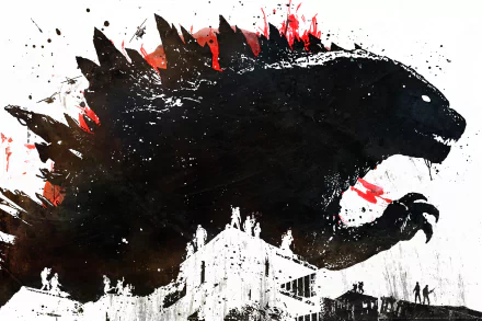 HD PC desktop wallpaper featuring a dramatic silhouette of Godzilla from the 2014 movie, with splashes of red and white highlighting the iconic monster's form.