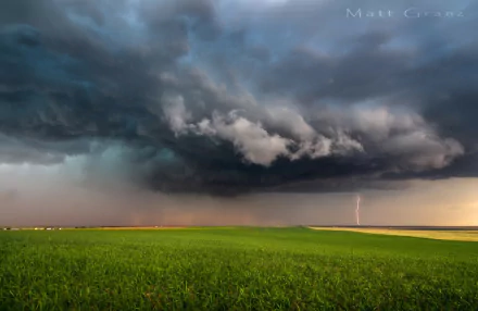 HD PC desktop wallpaper photograph: green field beneath dark storm clouds with a distant lightning bolt striking the horizon.