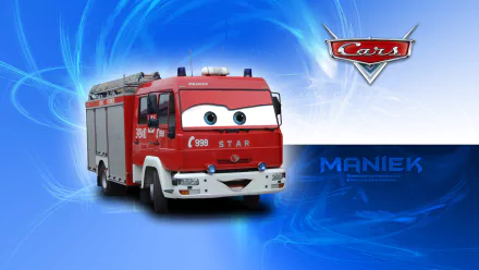 A lively fire engine character from Pixar's Cars movie features prominently against a vibrant blue background, making an engaging HD desktop wallpaper for fans of Disney and animation.