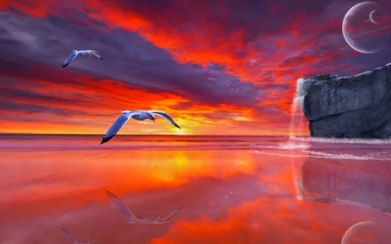 HD desktop wallpaper featuring a manipulated photograph of seagulls in flight over a reflective ocean at sunset, with vibrant red skies and a rocky cliff under a crescent moon.