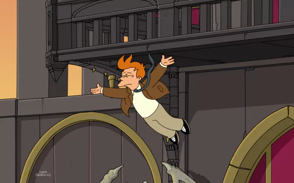 TV Show Futurama — Fry (Futurama) jumps with arms outstretched above giant gears on an industrial rooftop; HD PC desktop wallpaper/background.