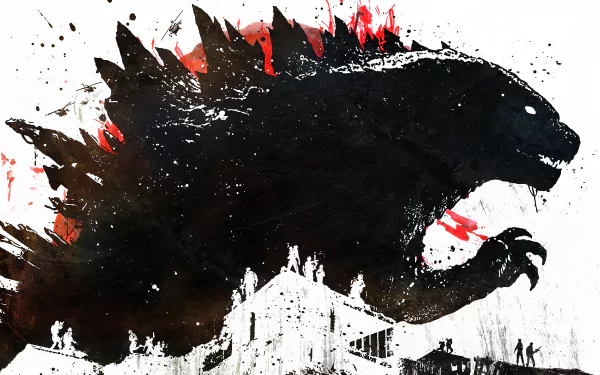HD PC desktop wallpaper featuring a dramatic silhouette of Godzilla from the 2014 movie, with splashes of red and white highlighting the iconic monster's form.