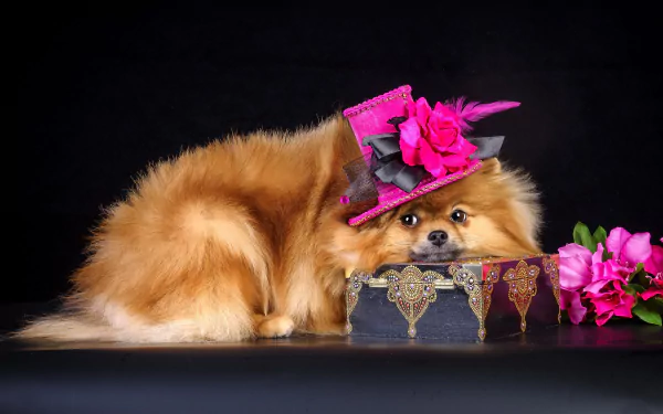 HD desktop wallpaper featuring a cute Pomeranian dog wearing a pink hat, resting its head on an ornate box with pink flowers nearby against a dark background.