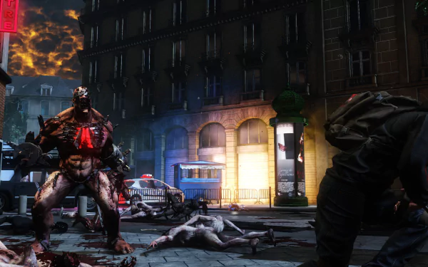 HD PC desktop wallpaper from the video game Killing Floor 2, depicting a tense urban battle scene with a monstrous creature and armed survivors at night.
