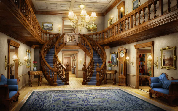 HD desktop wallpaper showcasing an ornate interior with elegant wooden double stairs, classic furniture, and detailed design elements in a spacious room.