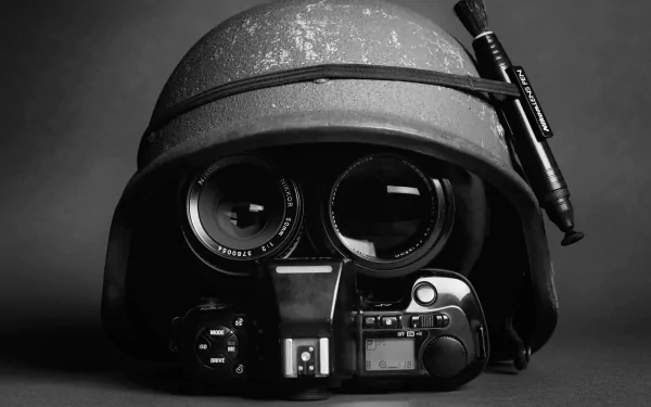 Black and white HD desktop wallpaper showing a Nikon camera with lenses arranged inside a worn helmet against a dark background.