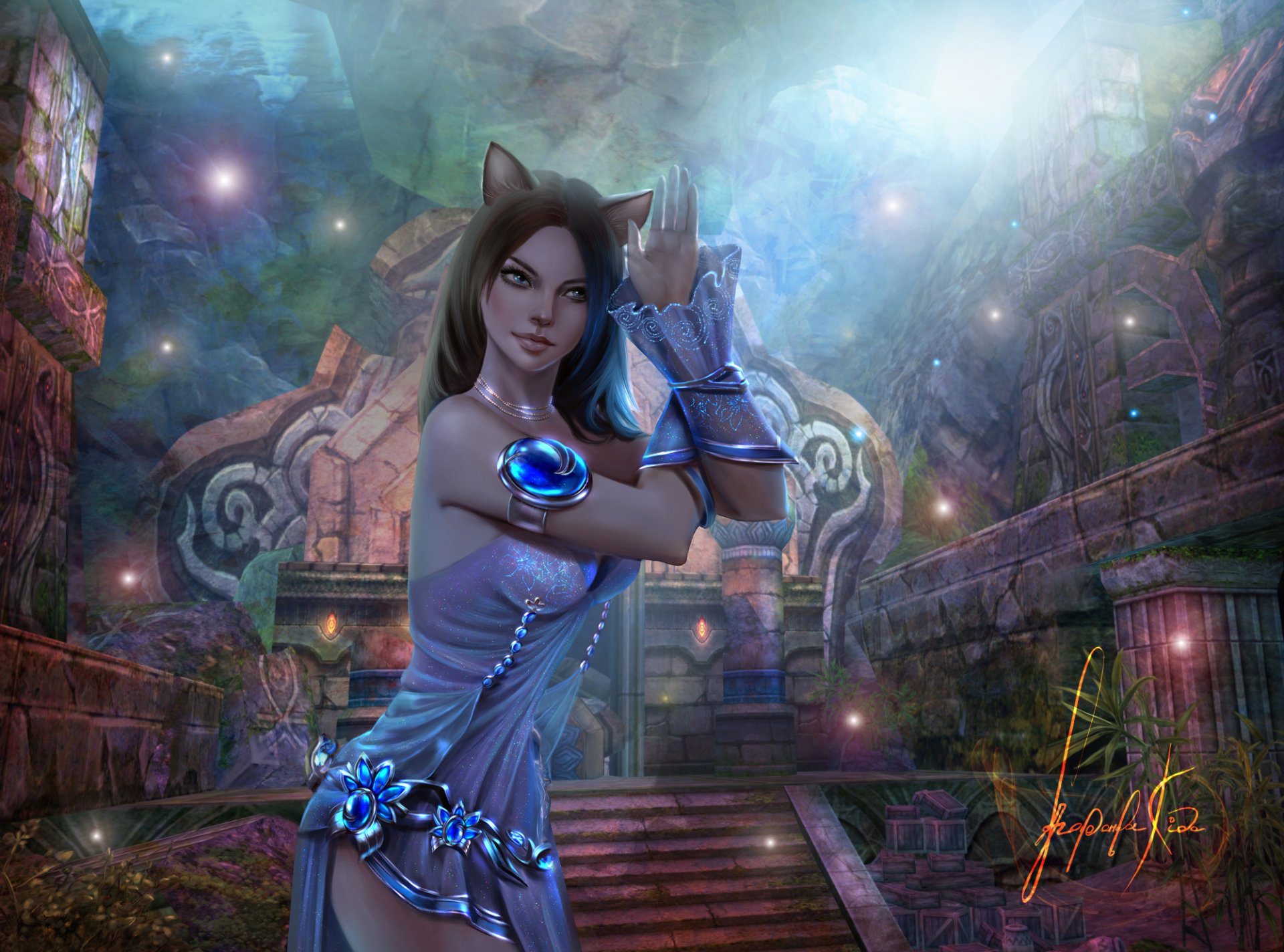 Fantasy-themed HD PC desktop wallpaper featuring a woman with cat ears and mystical blue accents, set against an ancient, glowing ruin background.