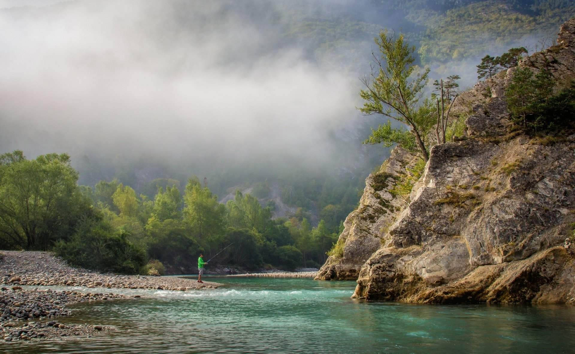 Download Fishing Cliff Fog Nature Stream HD Wallpaper