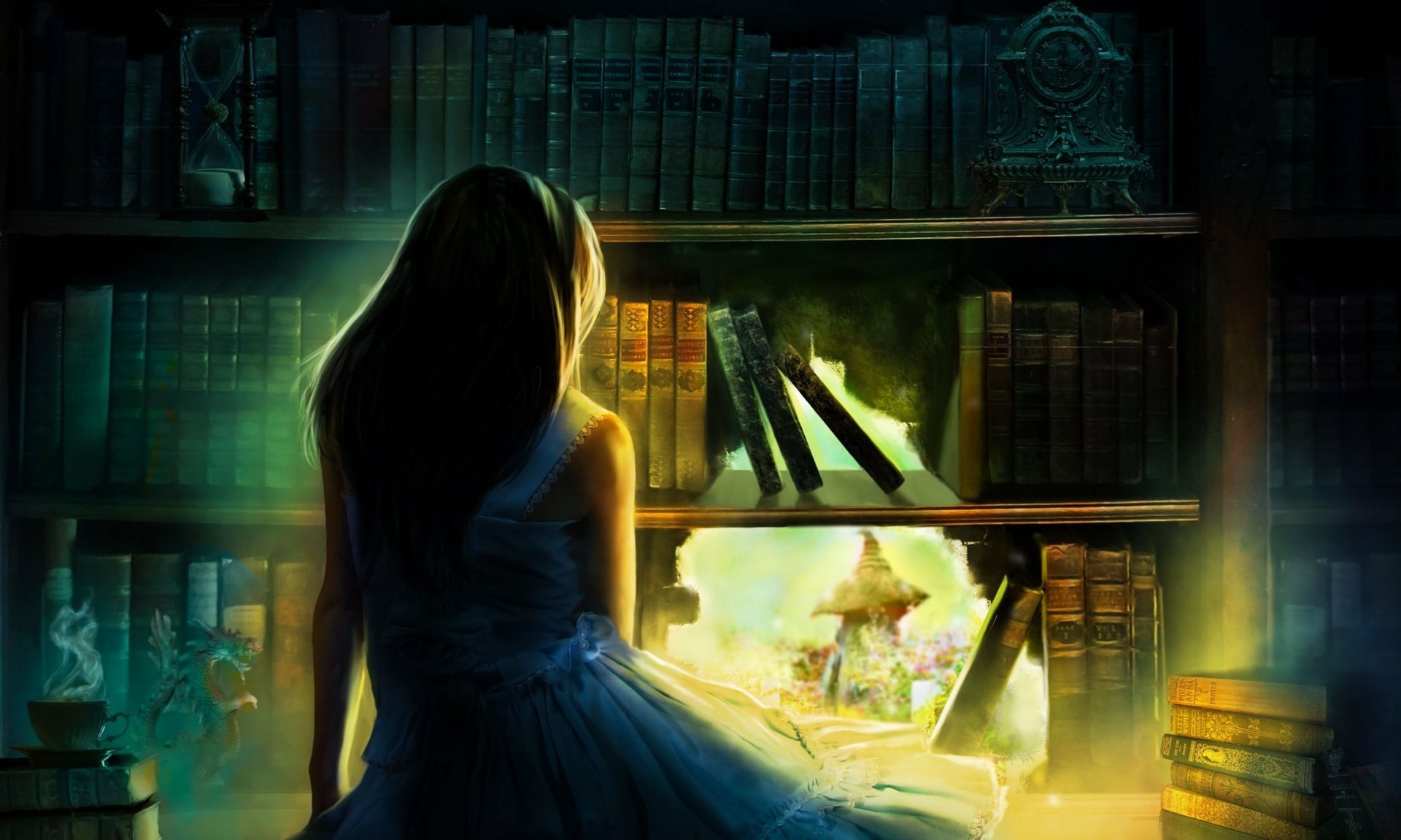 A captivating fantasy image featuring a woman sitting before a mystical bookshelf, with a glowing scene unfolding between the books, creating an enchanting atmosphere.