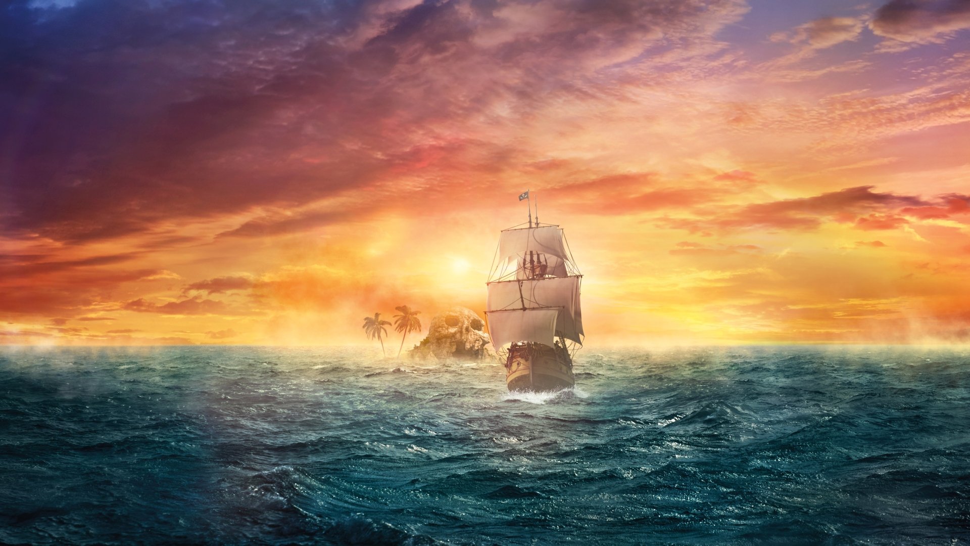 HD desktop wallpaper of a fantasy pirate ship sailing on the ocean at sunset, with a skull symbol and distant palm trees on an island, under a dramatic, colorful sky.