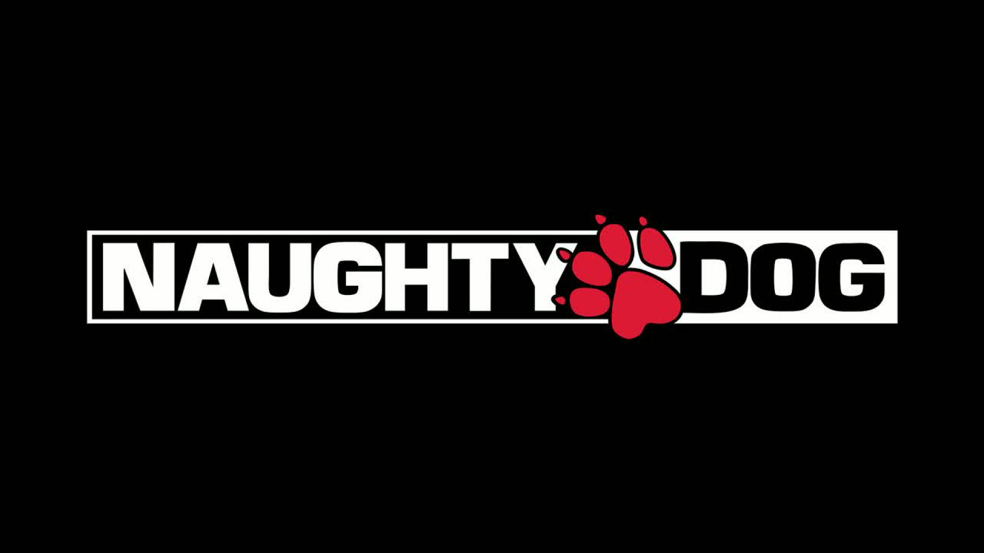 HD PC desktop wallpaper featuring the Naughty Dog logo with bold white text and a red paw print, representing the iconic video game developer.