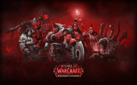 HD PC desktop wallpaper featuring fierce characters from the video game World of Warcraft: Warlords of Draenor, set against a dark red background.