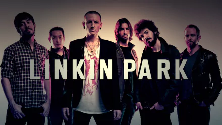 HD wallpaper featuring the band Linkin Park, showcasing the members in a stylized portrait with bold text displaying their name prominently. Perfect backdrop for music fans.