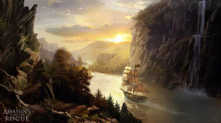 An HD wallpaper illustrating a scenic landscape from Assassin's Creed: Rogue, featuring a ship sailing through a tranquil river surrounded by cliffs and trees at sunset.