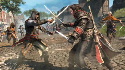 An intense duel between two assassins amidst a bustling crowd, showcasing vibrant action from Assassin's Creed: Rogue in stunning 4K Ultra HD.