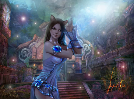 Fantasy-themed HD PC desktop wallpaper featuring a woman with cat ears and mystical blue accents, set against an ancient, glowing ruin background.
