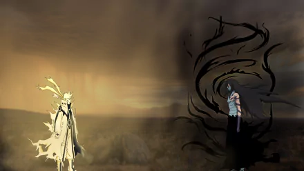 HD desktop wallpaper featuring a crossover between Naruto Uzumaki from Naruto and Ichigo Kurosaki from Bleach in a dramatic, stormy landscape.