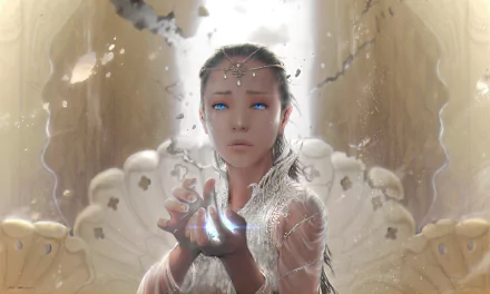 A fantasy-themed HD wallpaper featuring a woman with blue eyes, capturing a moment of emotion and wonder, reminiscent of the Neverending Story, with tears and mystical elements.