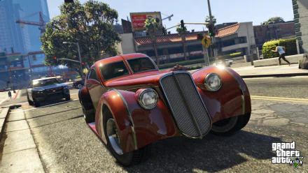 A vivid HD wallpaper from Grand Theft Auto V featuring a classic red car on a bustling street, showcasing the game's dynamic urban environment and stunning graphics.