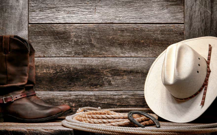 A rustic rodeo-themed HD desktop wallpaper featuring a pair of worn boots, a coiled rope, and a white cowboy hat against a wooden background.