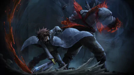 HD desktop wallpaper featuring Tatsumi from Akame ga Kill! in combat, set against a dynamic, swirling dark background.