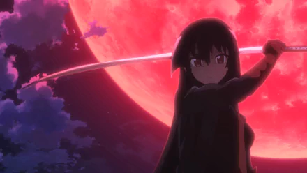HD desktop wallpaper of Akame from the anime Akame ga Kill!, featuring her holding a sword against a striking red moon background.