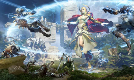 4K Ultra HD Skyforge video game wallpaper featuring a glowing, armored female character wielding magic amid a dynamic battle scene in a futuristic ancient city.