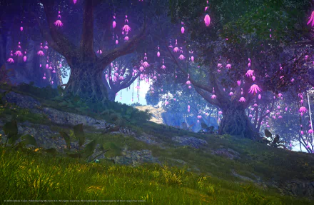 HD PC desktop wallpaper from the Skyforge video game — a mystical forest with ancient trees draped in glowing purple blossoms above a sunlit grassy clearing.