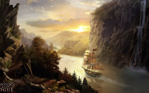 An HD wallpaper illustrating a scenic landscape from Assassin's Creed: Rogue, featuring a ship sailing through a tranquil river surrounded by cliffs and trees at sunset.