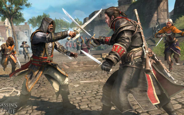 An intense duel between two assassins amidst a bustling crowd, showcasing vibrant action from Assassin's Creed: Rogue in stunning 4K Ultra HD.