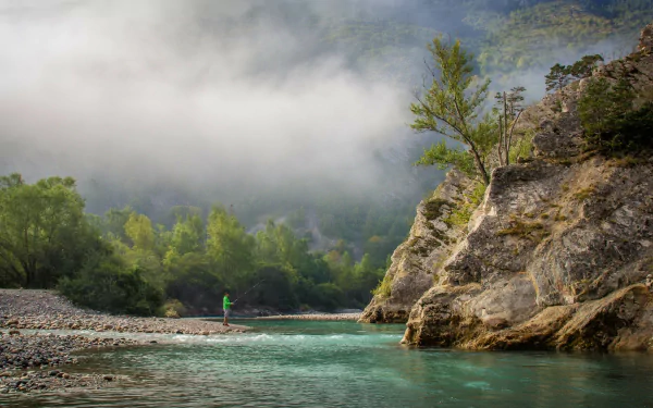fishing cliff fog nature stream HD Desktop Wallpaper | Background Image