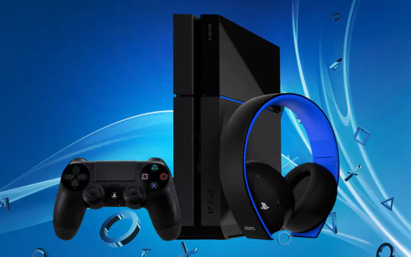 A high-definition desktop wallpaper featuring a PlayStation 4 console, a DualShock 4 controller, and a wireless headset against a dynamic blue background with PlayStation symbols.