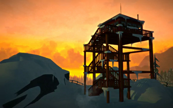 A stunning HD wallpaper from the video game The Long Dark, depicting a snow-covered structure against a vibrant sunset sky, highlighting the game's atmospheric wilderness.