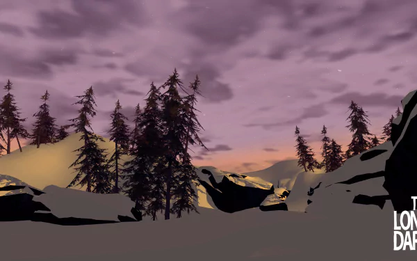 A serene HD desktop wallpaper from the video game The Long Dark, featuring a winter landscape with silhouetted trees against a softly lit sky at dusk.
