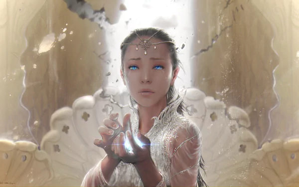A fantasy-themed HD wallpaper featuring a woman with blue eyes, capturing a moment of emotion and wonder, reminiscent of the Neverending Story, with tears and mystical elements.