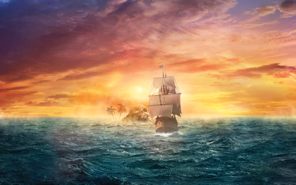 HD desktop wallpaper of a fantasy pirate ship sailing on the ocean at sunset, with a skull symbol and distant palm trees on an island, under a dramatic, colorful sky.