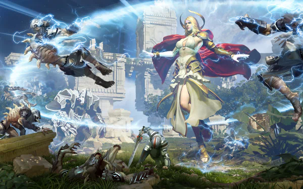 4K Ultra HD Skyforge video game wallpaper featuring a glowing, armored female character wielding magic amid a dynamic battle scene in a futuristic ancient city.