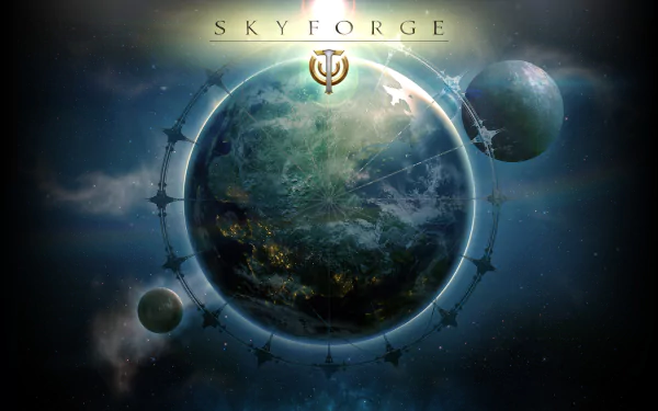 HD PC desktop wallpaper for the video game Skyforge, featuring a detailed, glowing planet with surrounding celestial bodies and a futuristic space atmosphere.