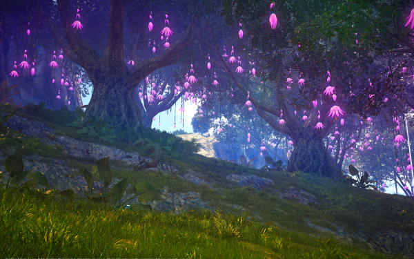 HD PC desktop wallpaper from the Skyforge video game — a mystical forest with ancient trees draped in glowing purple blossoms above a sunlit grassy clearing.