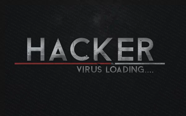 HD desktop wallpaper displaying the word HACKER in bold, metallic letters with VIRUS LOADING... text beneath, set against a dark background. Tags include loading, virus, technology, and hacker.