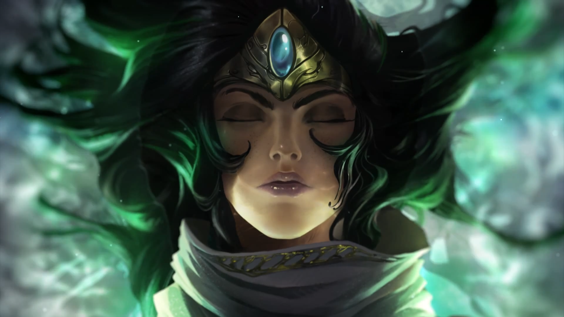 HD PC desktop wallpaper featuring Sivir from the video game League of Legends, depicted with closed eyes and an ornate headpiece amidst a mystical green and black background.