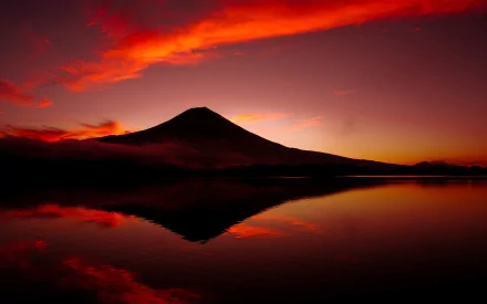 HD desktop wallpaper showcasing a volcanic mountain silhouette against a vibrant red and orange sunset, with its reflection mirrored in the calm water below.