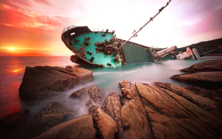 HD PC desktop wallpaper and background of a wrecked ship beached on jagged rocks at sunset, waves washing around the tilted green hull.