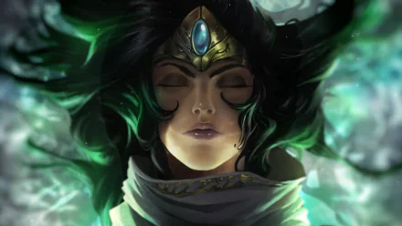 HD PC desktop wallpaper featuring Sivir from the video game League of Legends, depicted with closed eyes and an ornate headpiece amidst a mystical green and black background.